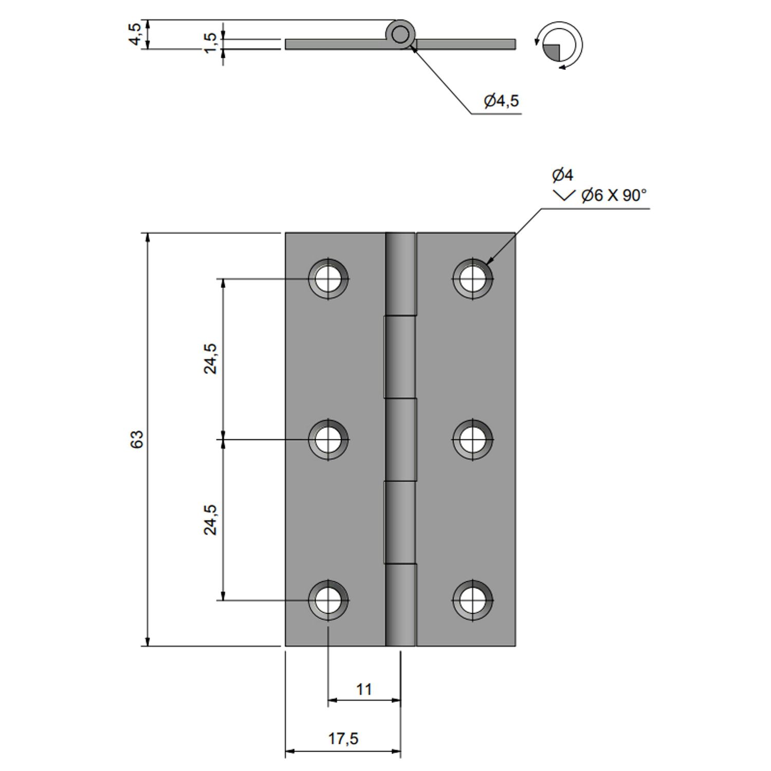 Kantgångjärn fkr. mässing, 63,5 mm