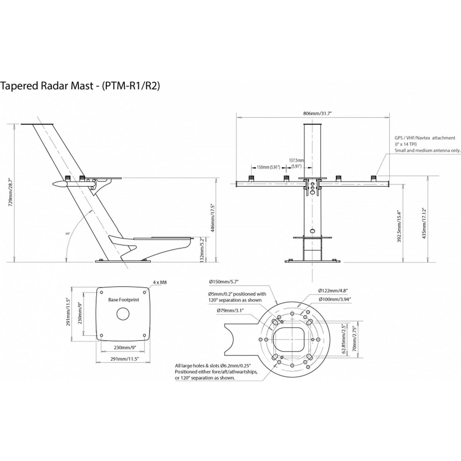 Scanstrut kombinasjonsbrakett for radarmast PTM-R1-2