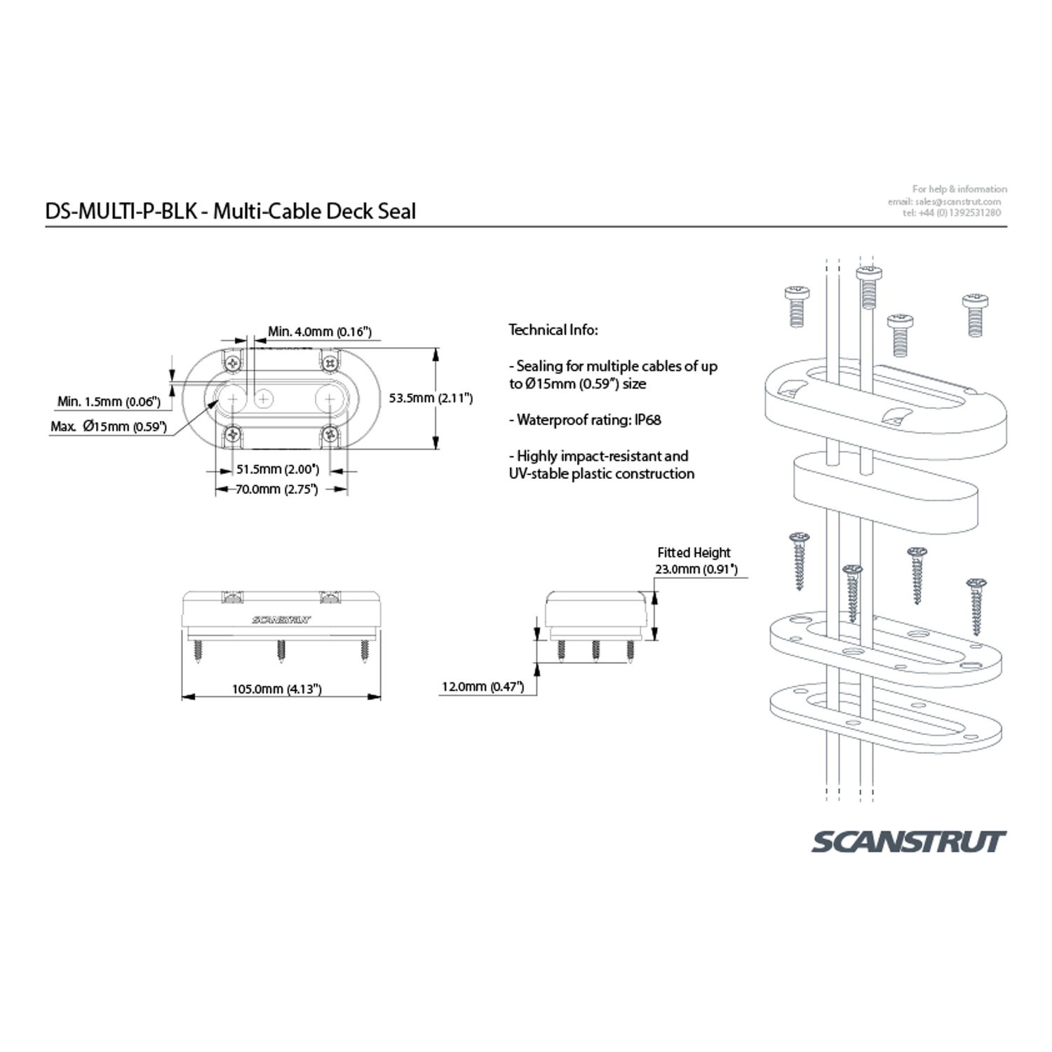 Scanstrut Kabelgenomföring Multi Ø15 mm Svart