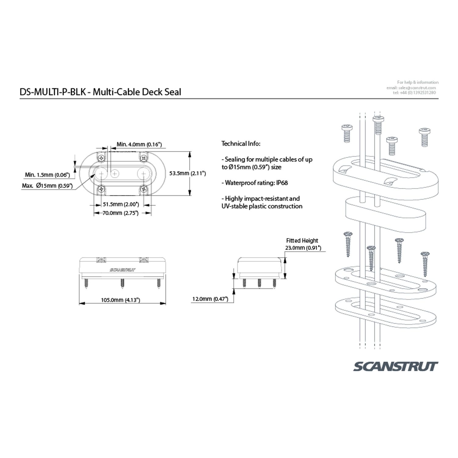 Scanstrut Multi Kabelgennemføring Ø15 mm Sort