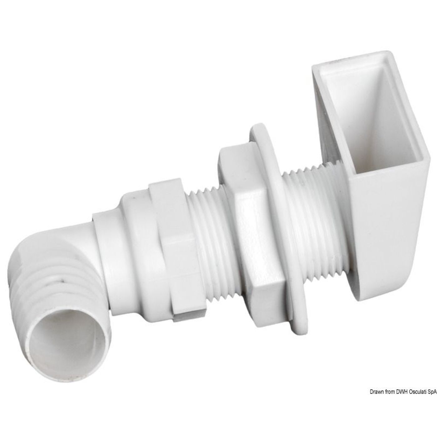 Vit plast skrovgenomföring 90° 1" x 25 mm