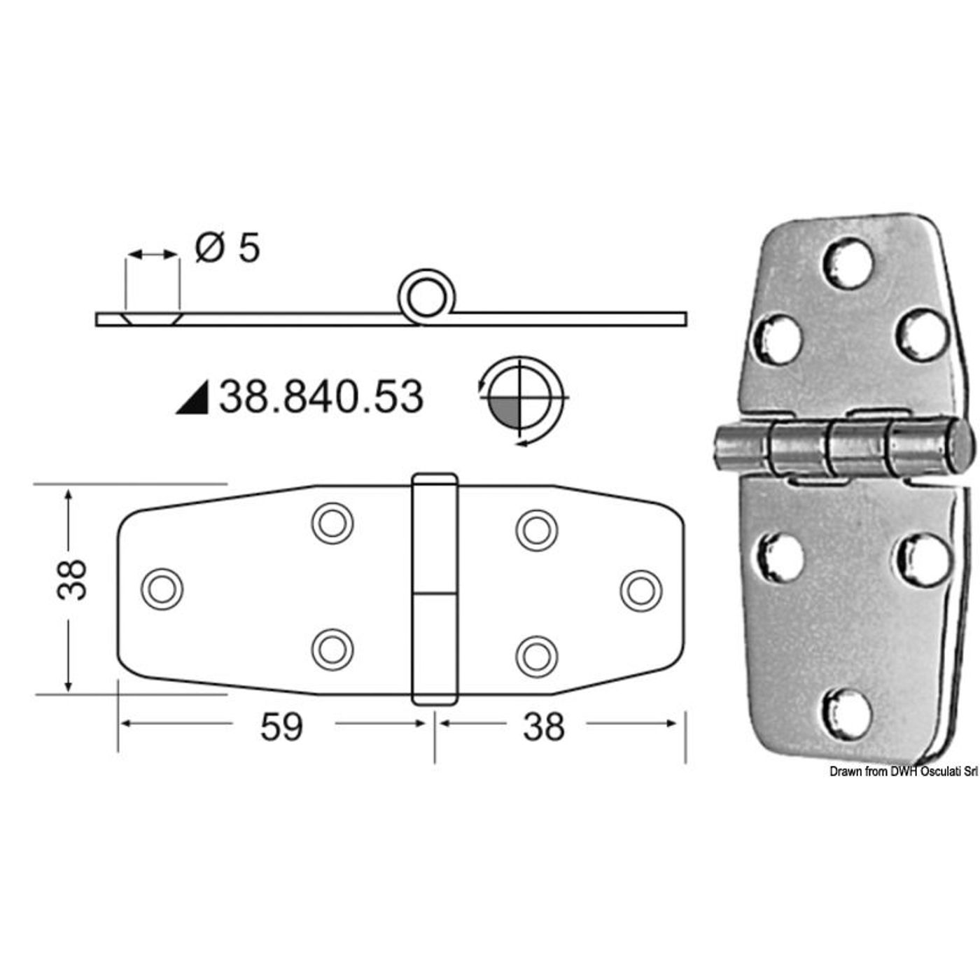Hængsel med standardtap 97x38 mm