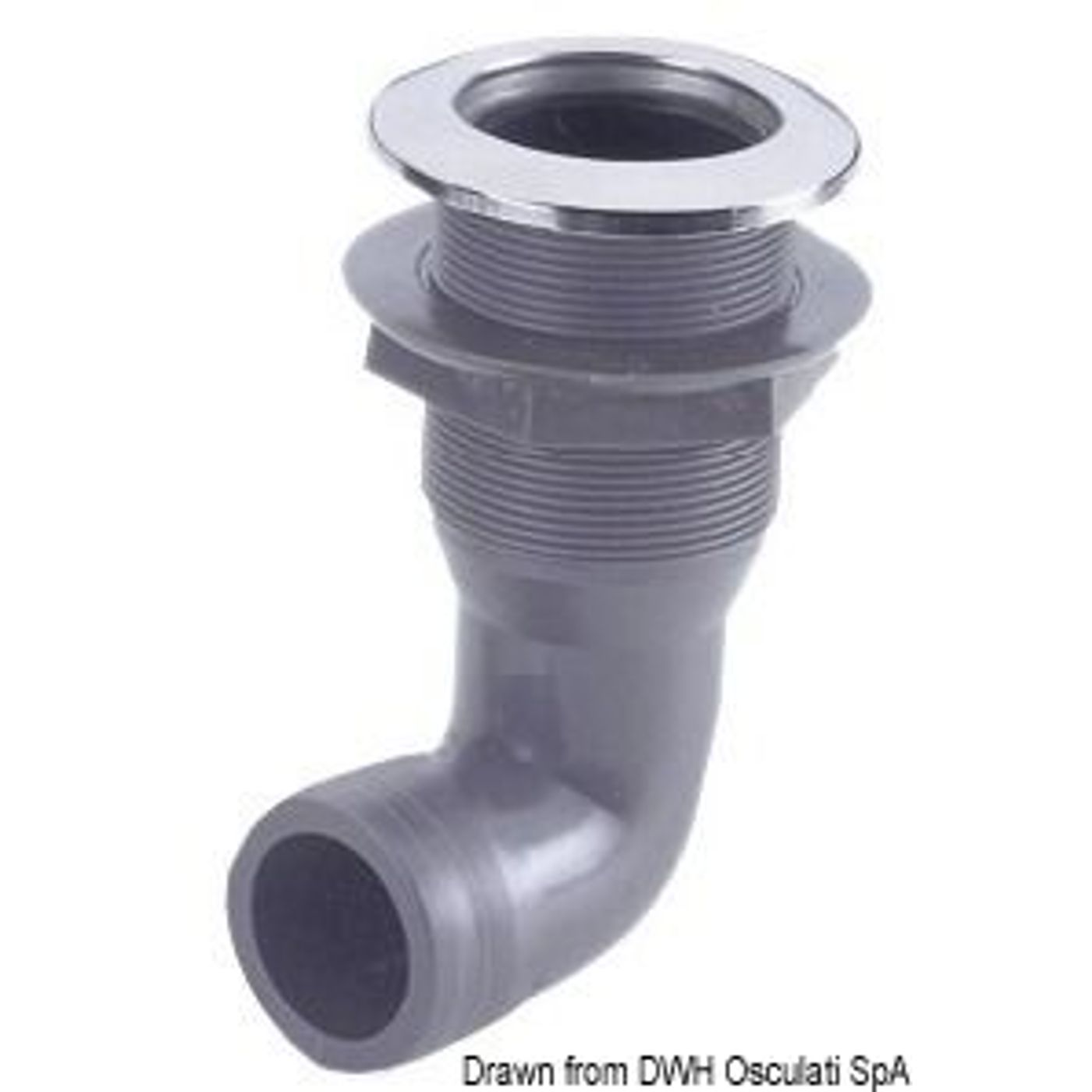Skrovgenomföring i nylon 3/4" 20mm, front i rostfritt stål, 90° adapter