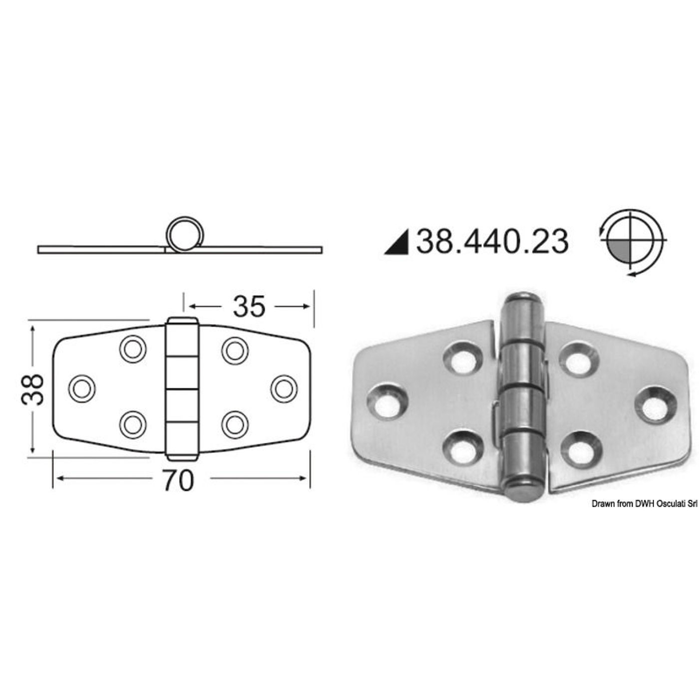 Hængsel med standardsplit 2 mm 70x38 mm