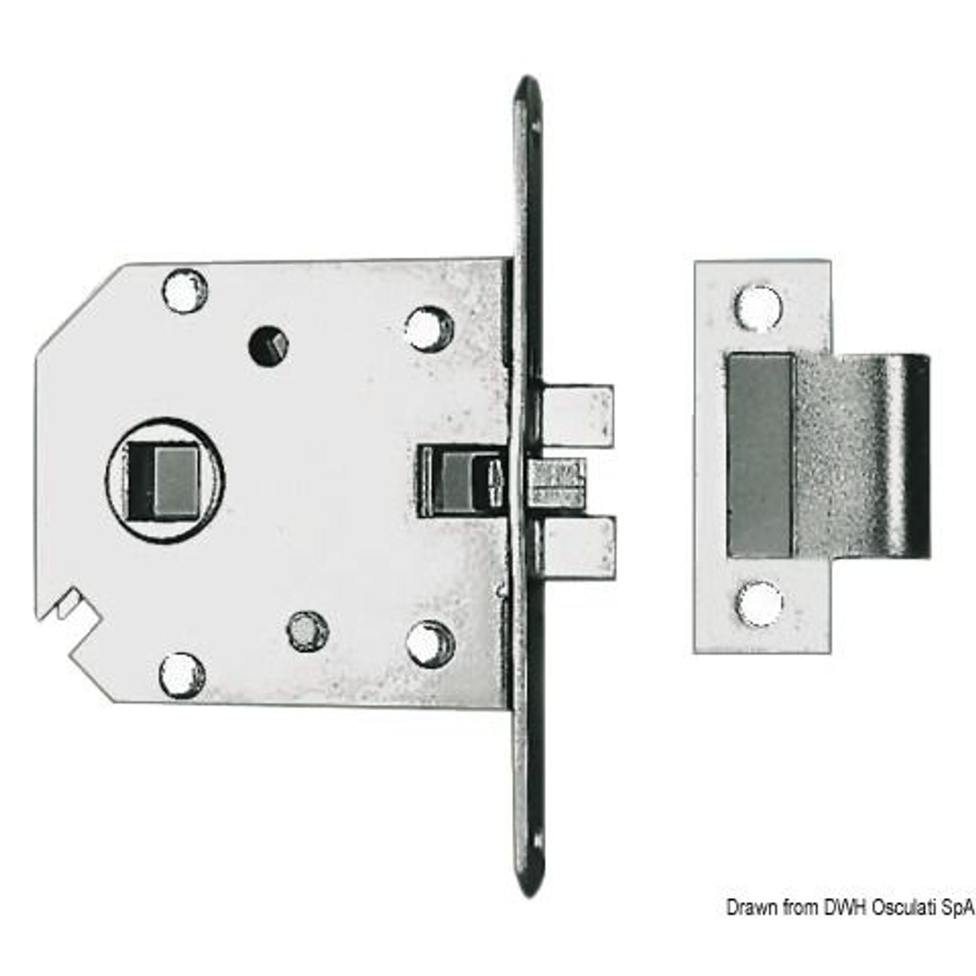 Indfældet enkelt lås i forkromet messing 68x60x9 mm
