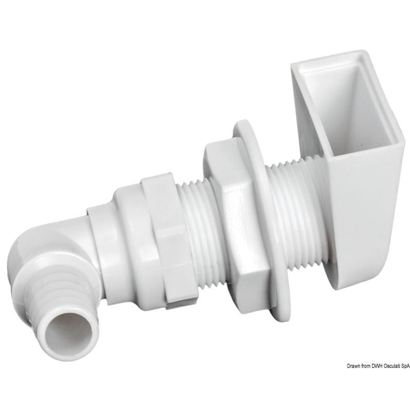 Vit skrovgenomföring i plast 90° 1" x 19 mm