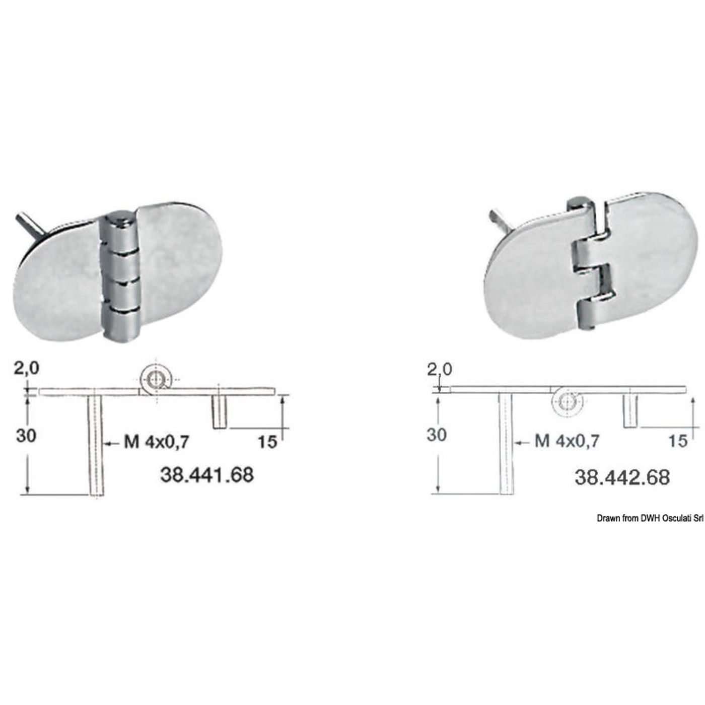SS hængsel med gevindstifter, omvendt tap 68.5x38.5 mm