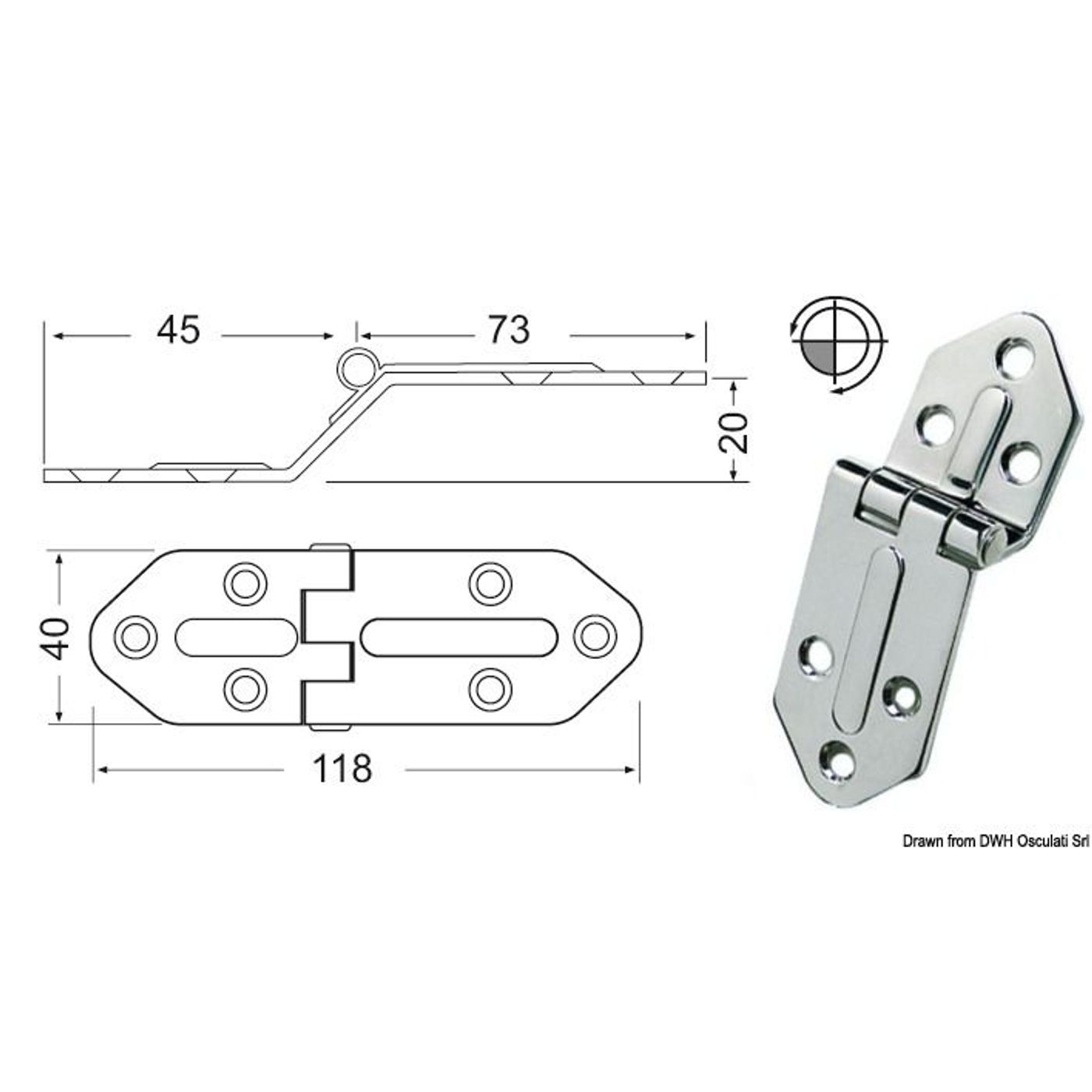 Standard hængsel med split 118x40 mm